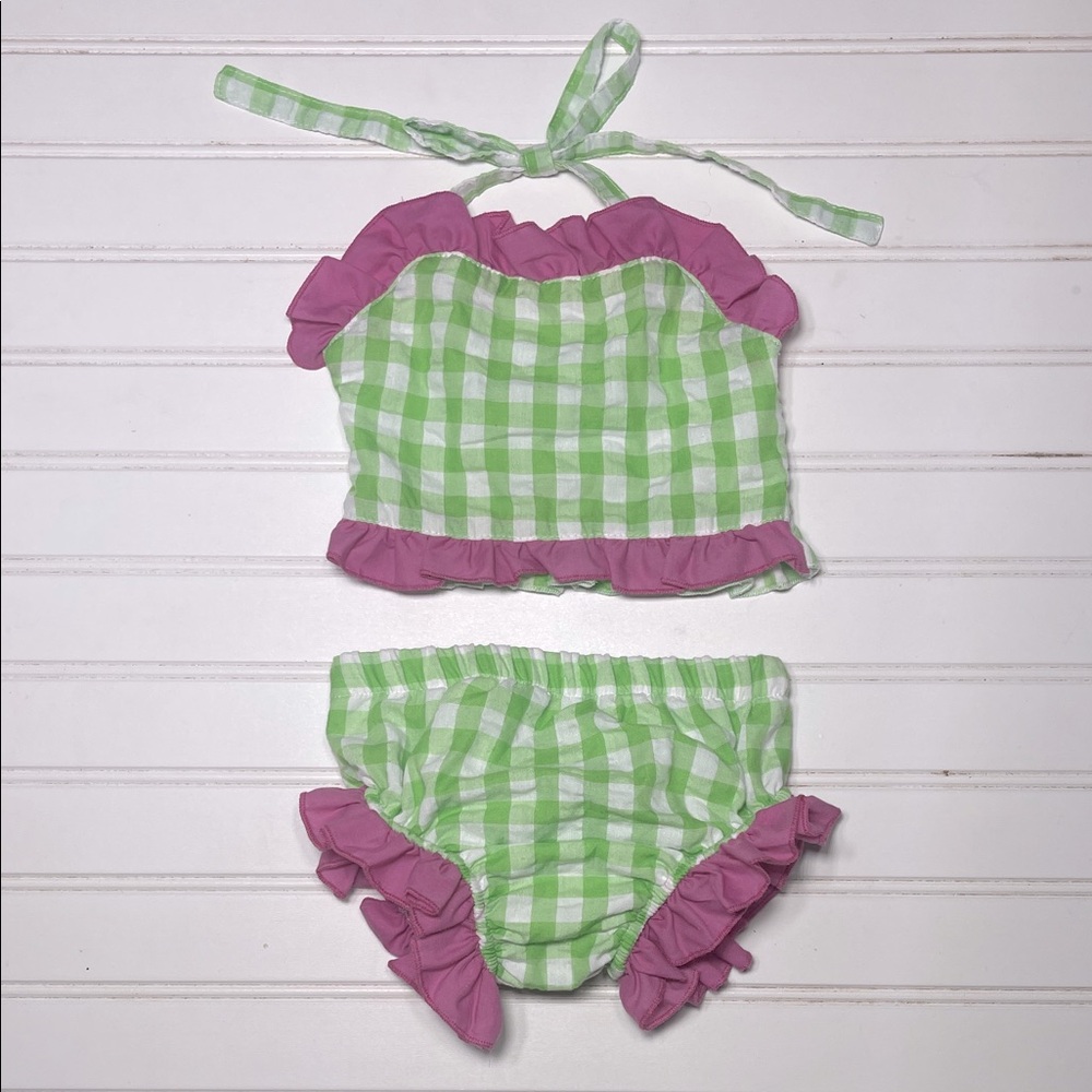 BOUTIQUE VGUC Gingham Ruffle Seersucker Halter Color Block 2 Piece Swimsuit